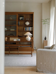 handcrafted wood cabinet, solid wood bookshelf, glass door cabinet, sliding wood cabinet, natural wood furniture, artisan wood furniture, minimalist storage cabinet, wabi-sabi furniture, boho wood shelf