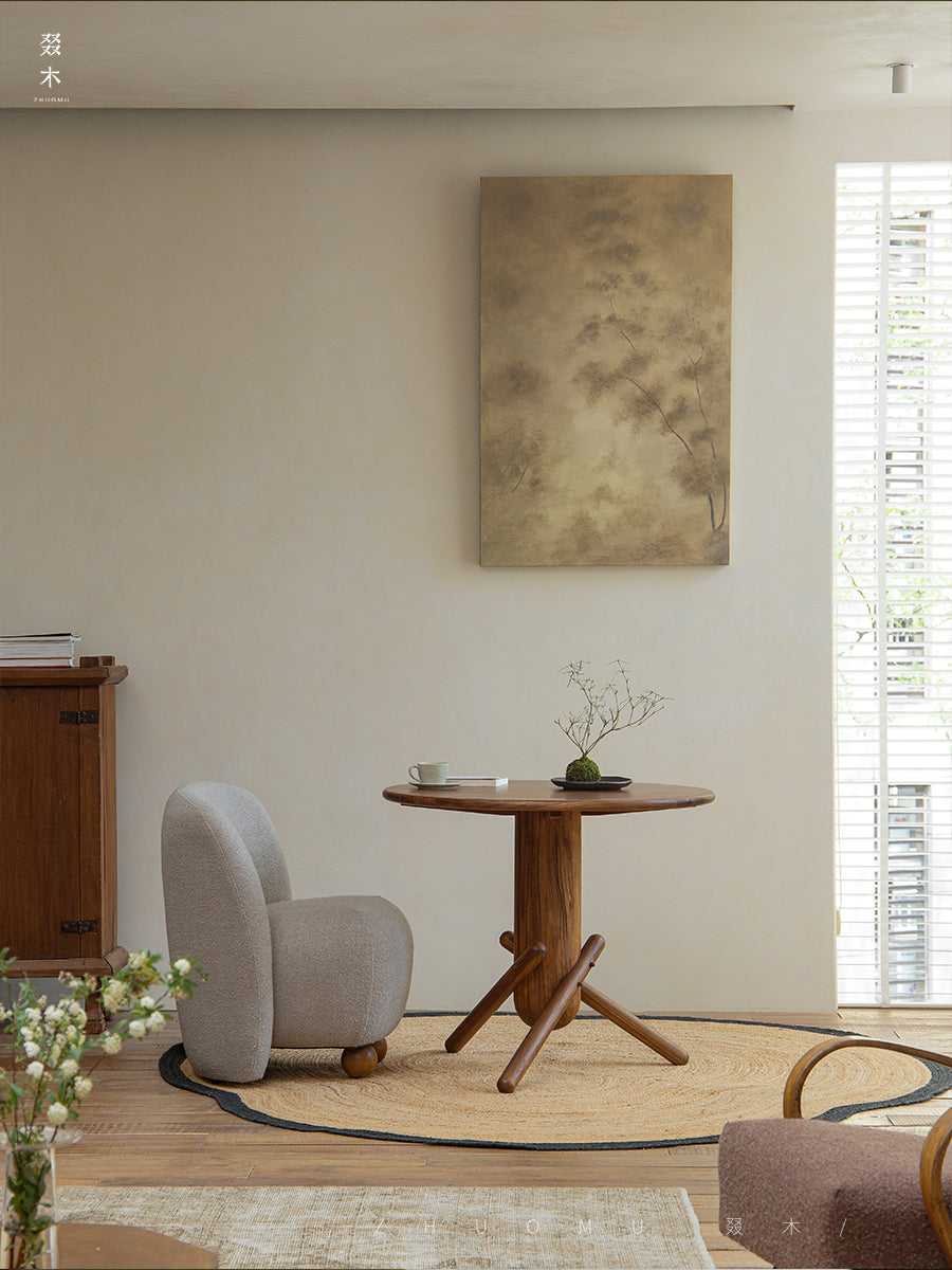 jester round dining table, sculptural dining table, solid wood table, wabi sabi furniture, piexlculpt studio, japanese minimalist furniture, mid century modern table, small space dining, handcrafted wood table, round wooden dining table