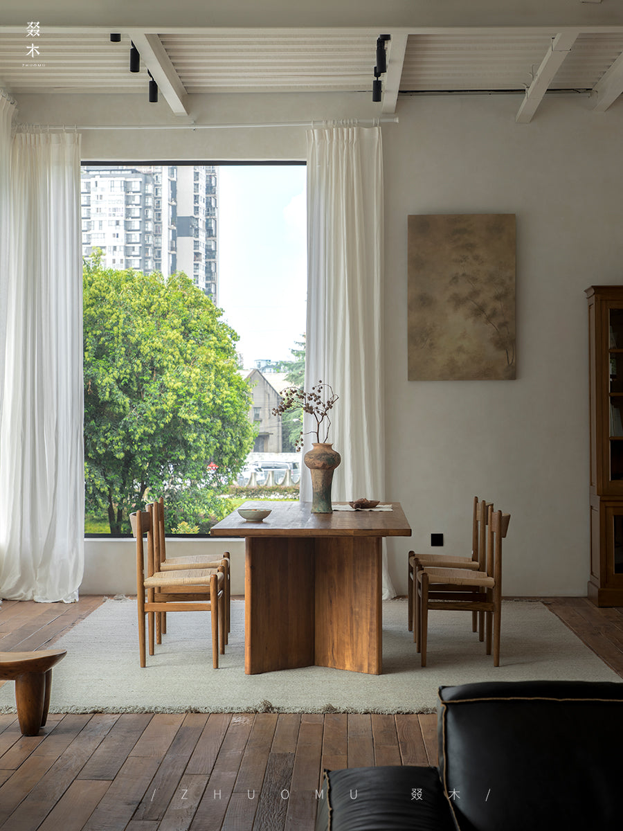 tada dining table, solid wood rectangular table, japanese minimalist furniture, wabi sabi table, handcrafted wood table, piexlculpt studio, zen furniture, wooden dining table, natural wood desk, modern wabi sabi decor