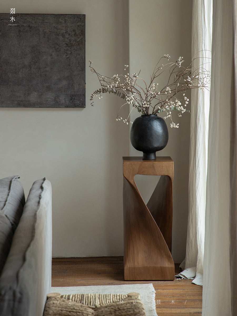 twist side table, sculptural wood stool, solid wood side table, carbon black furniture, wabi sabi furniture, minimalist furniture, piexlculpt studio, wooden pedestal table, organic design