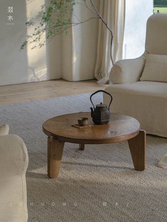 kiyo coffee table, round tea table, solid wood wabi sabi furniture, japanese minimalist furniture, zen table, handcrafted wooden table, low table, piexlculpt studio, natural oak coffee table, modern wabi sabi decor
