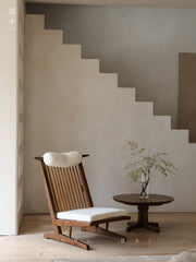 naka lounge chair, japanese recliner, wabi sabi furniture, george nakashima chair, solid wood armchair, minimalist wood chair, handmade wooden furniture, linen cushion chair, modern japanese furniture, piexlculpt