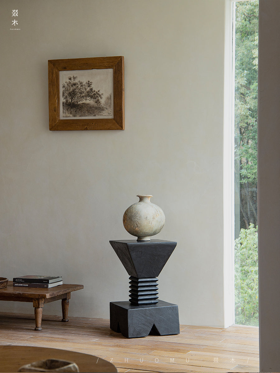 kuro sculpture table, charred wood pedestal, wabi sabi furniture, japanese minimalist decor, handcrafted wood art stand, zen display table, piexlculpt studio, black solid wood table, carbonized wood furniture