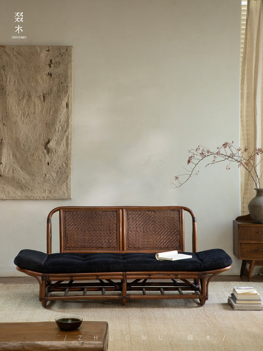 rattan loveseat, rattan sofa, rattan daybed, handwoven rattan furniture, natural rattan couch, double seat sofa, bohemian interior design, handcrafted lounge furniture