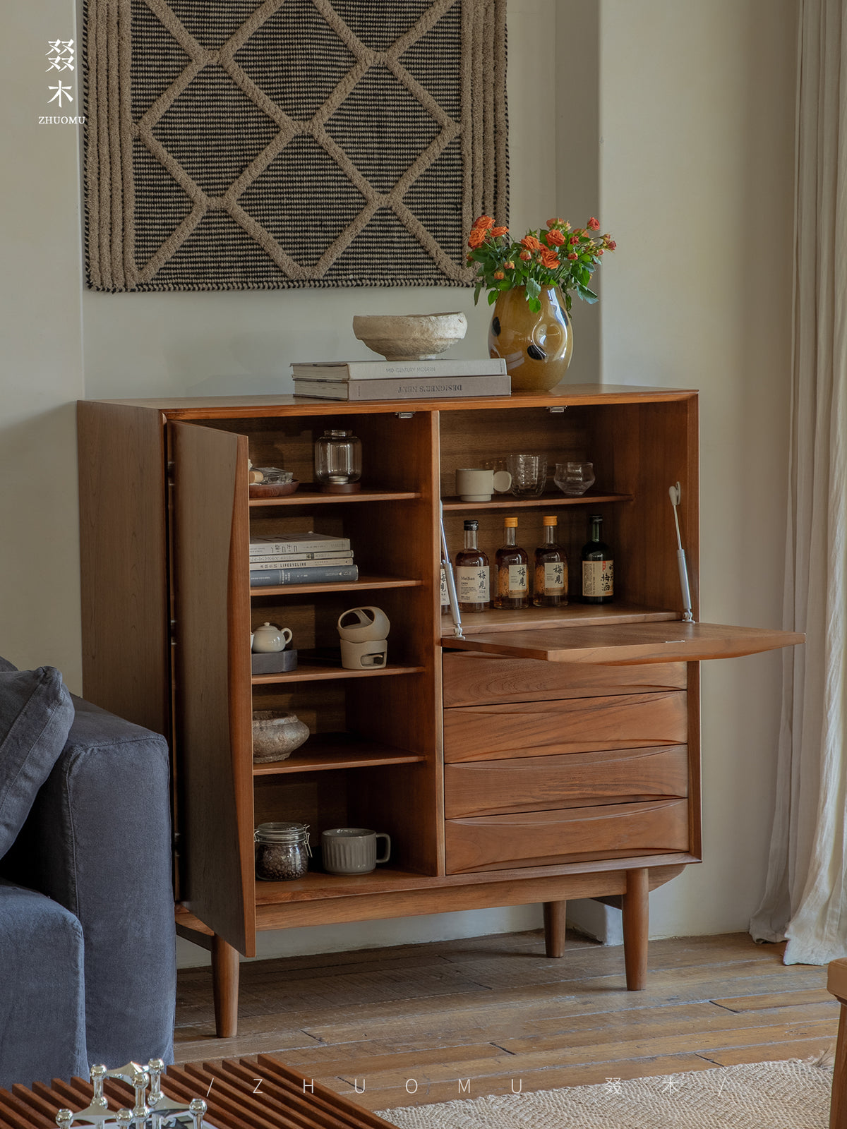 mid century tall cabinet, teak storage cabinet, danish modern furniture, solid teak credenza, handcrafted wood furniture, mcm storage unit, vertical teak cabinet, minimalist wood cabinet, solid wood furniture