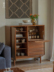 mid century tall cabinet, teak storage cabinet, danish modern furniture, solid teak credenza, handcrafted wood furniture, mcm storage unit, vertical teak cabinet, minimalist wood cabinet, solid wood furniture