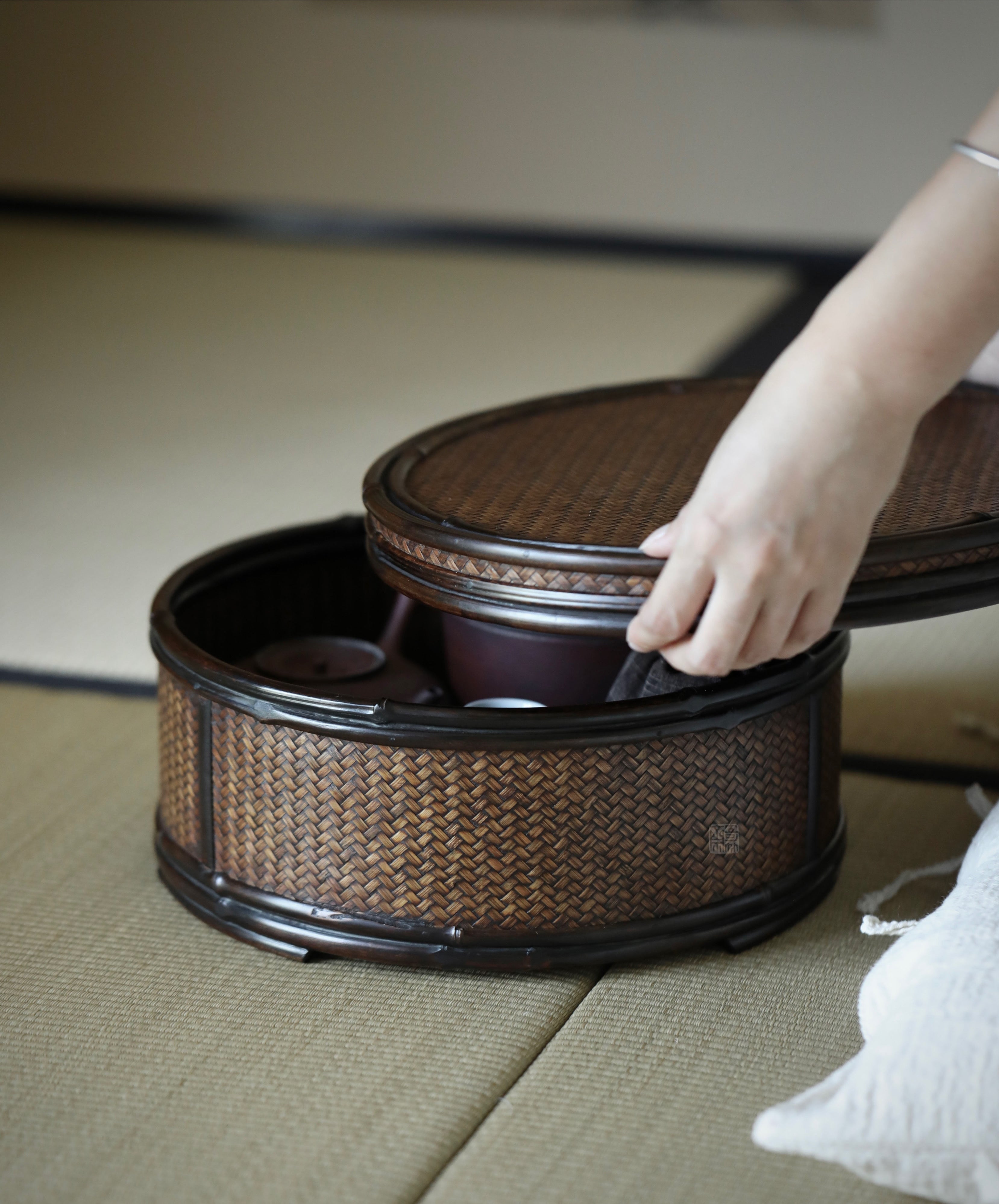 bamboo storage box, woven rattan box, tea accessories organizer, handcrafted bamboo box, purple bamboo decor, handmade tea tool box, wood engraving art, Piexlculpt Studio, natural home accessories