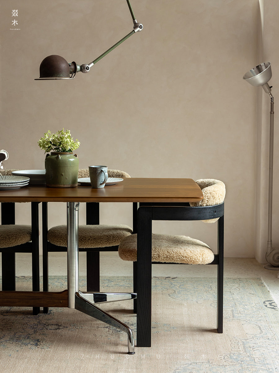 eiri dining table, solid wood dining table, metal frame table, japanese minimalist furniture, modern wabi sabi furniture, handcrafted long table, piexlculpt studio, scandinavian japanese design, solid wood work desk