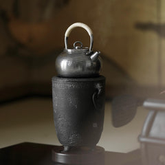 cast iron tea stove, portable tea heater, charcoal brazier, japanese tea stove, gongfu tea accessories, handmade tea tools, Piexlculpt Studio, tea ceremony heater, traditional iron brazier, wood engraving art, charcoal tea warmer