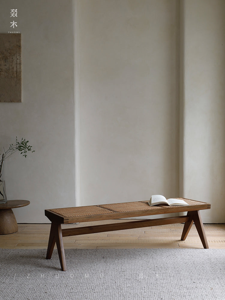chandigarh bench, handwoven rattan bench, solid wood furniture, japanese minimalist bench, handcrafted wooden bench, entryway seating, sustainable rattan furniture, piexlculpt studio, wabi sabi bench