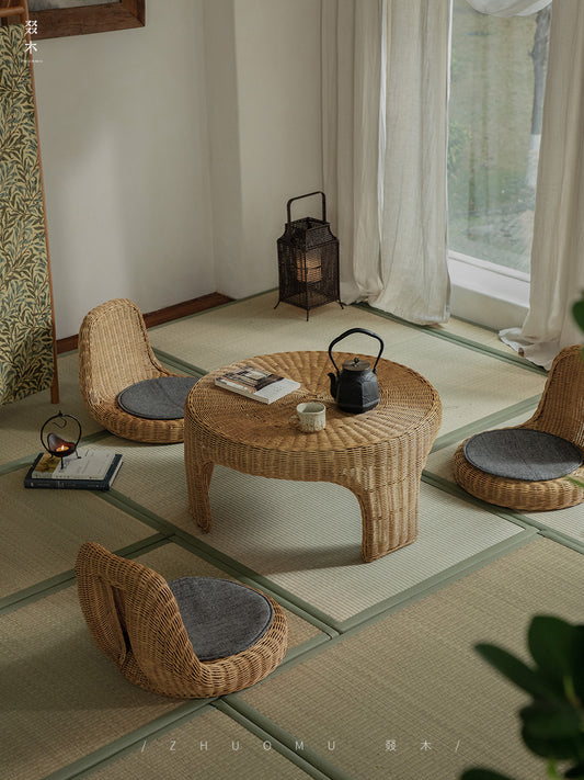 rattan tea set, rattan table and chairs, handwoven rattan furniture, round rattan table, bamboo tea table set, natural rattan decor, japanese tatami furniture, boho rattan furniture, artisan rattan set