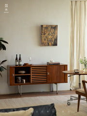 tambour sideboard, teak media console, mid century teak cabinet, teak sideboard, roll door cabinet, danish modern furniture, handcrafted wood furniture, teak buffet cabinet, piexl sculpt studio