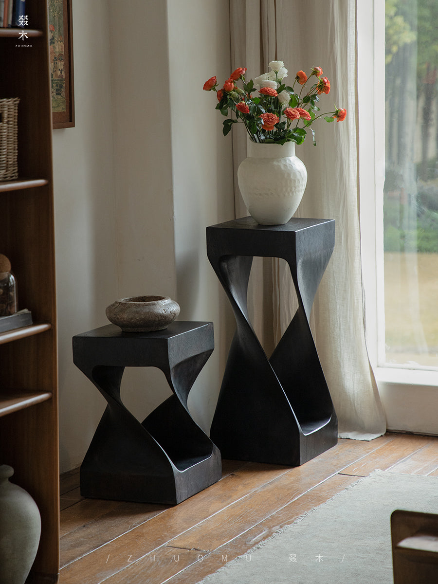 twist side table, sculptural wood stool, solid wood side table, carbon black furniture, wabi sabi furniture, minimalist furniture, piexlculpt studio, wooden pedestal table, organic design