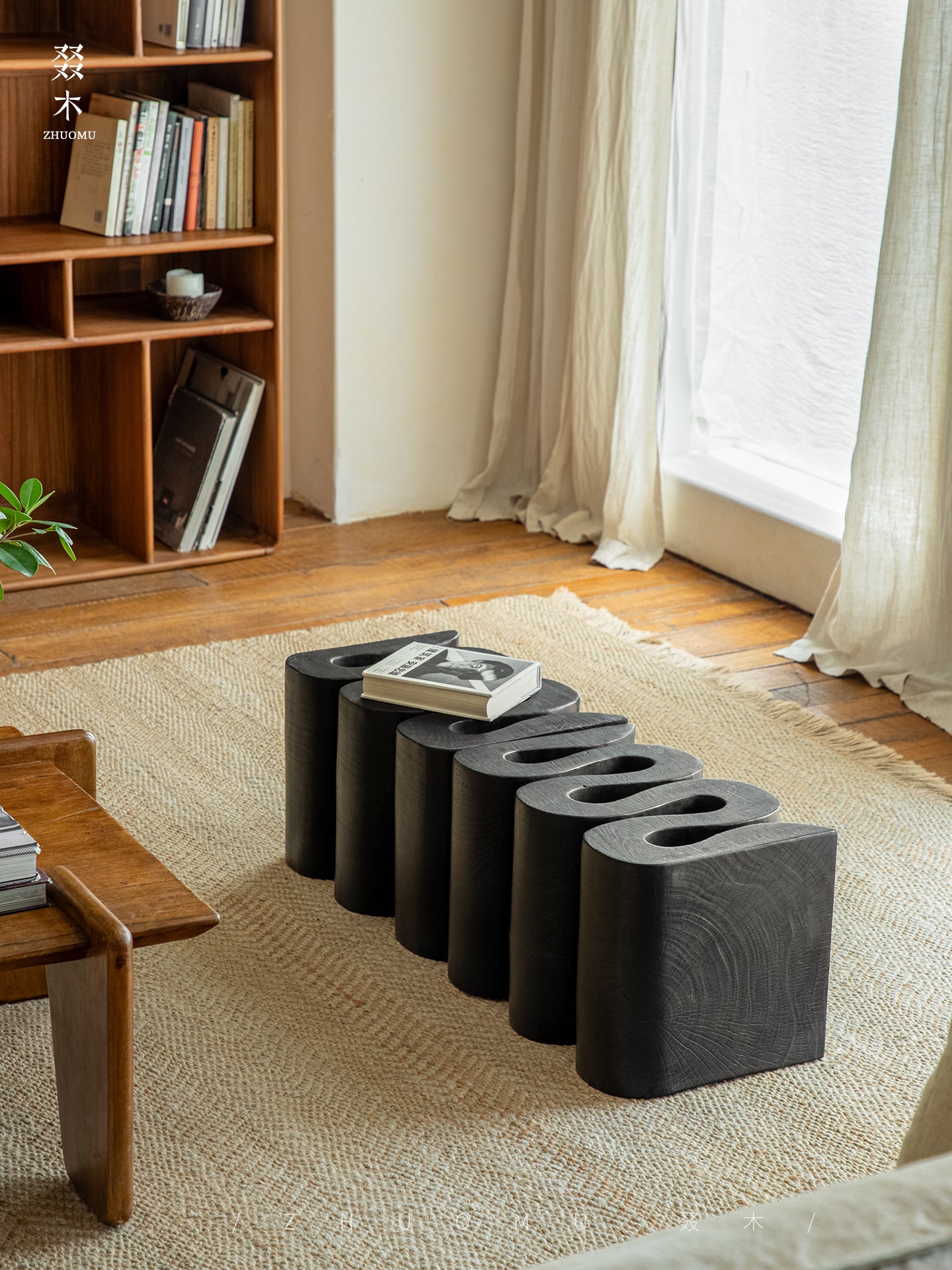 waveform side table, sculptural wooden table, solid wood furniture, organic design, hand-carved table, wabi sabi decor, carbon black furniture, minimalist wood stool, piexlculpt studio