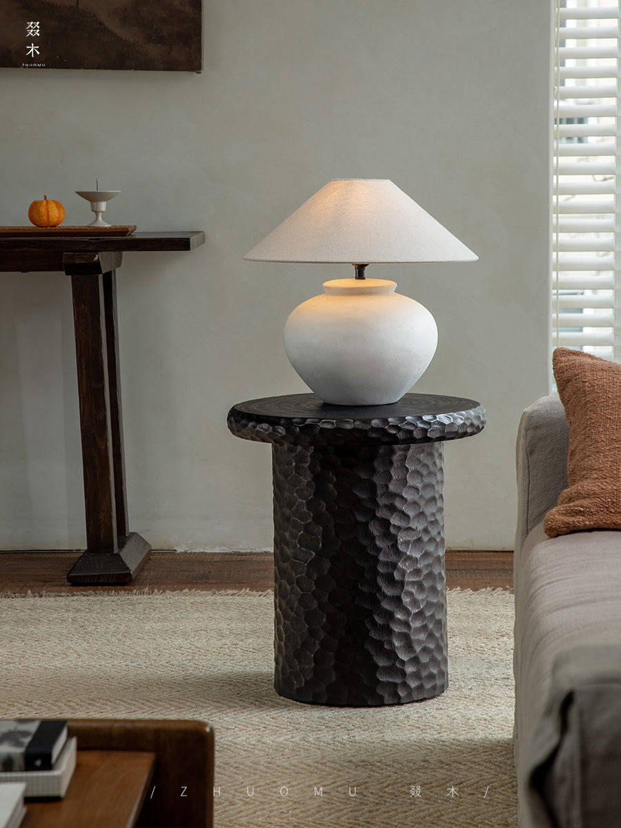 wood side table, solid wood accent table, hammered wood table, handmade wooden furniture, sculptural side table, rustic solid wood furniture, artisan carved table, textured wood decor, natural wood end table