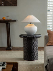 wood side table, solid wood accent table, hammered wood table, handmade wooden furniture, sculptural side table, rustic solid wood furniture, artisan carved table, textured wood decor, natural wood end table