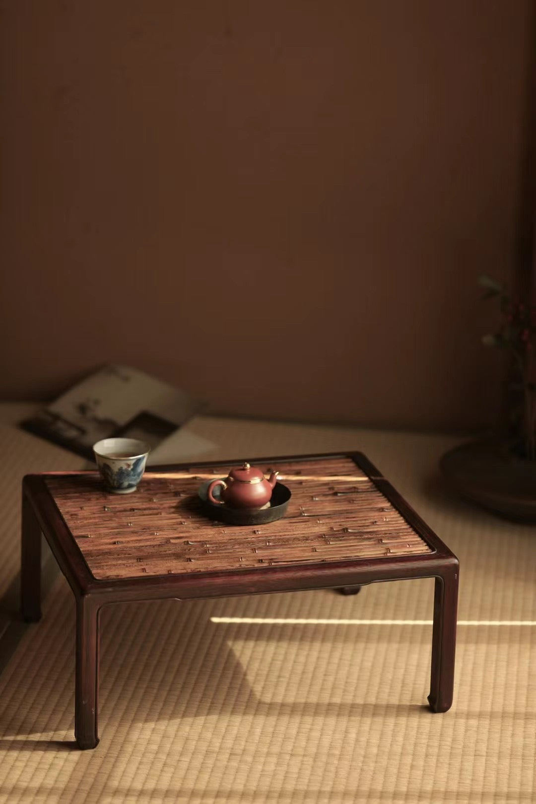 bamboo tea table, pearwood tea table, handcrafted bamboo furniture, gongfu tea stand, tea ceremony furniture, japanese low table, wood engraving art, Piexlculpt Studio, natural home decor, tea tray table