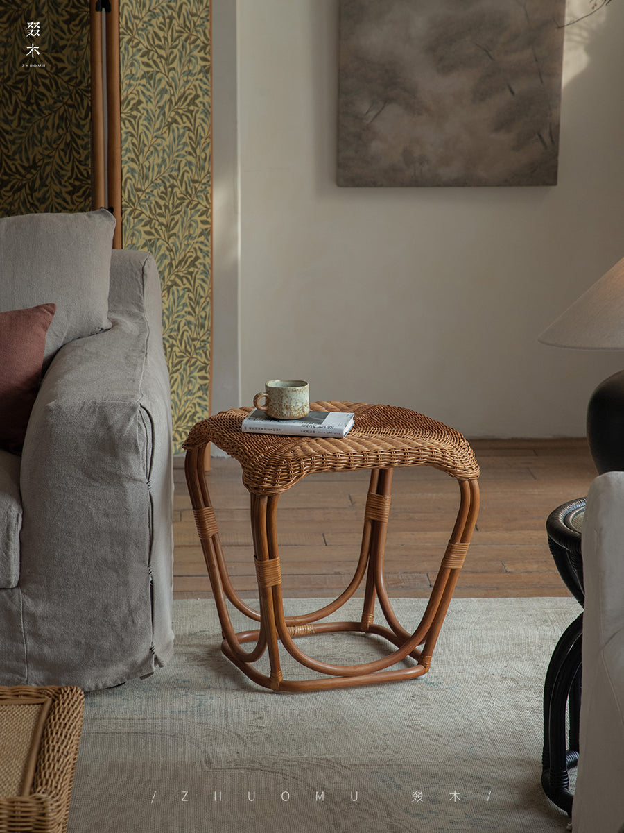 rattan side table, rattan end table, handwoven rattan stool, natural rattan furniture, minimalist rattan table, bamboo accent table, handmade rattan decor, boho rattan furniture, japanese wabi-sabi decor, artisan rattan stool