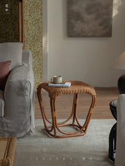 rattan side table, rattan end table, handwoven rattan stool, natural rattan furniture, minimalist rattan table, bamboo accent table, handmade rattan decor, boho rattan furniture, japanese wabi-sabi decor, artisan rattan stool