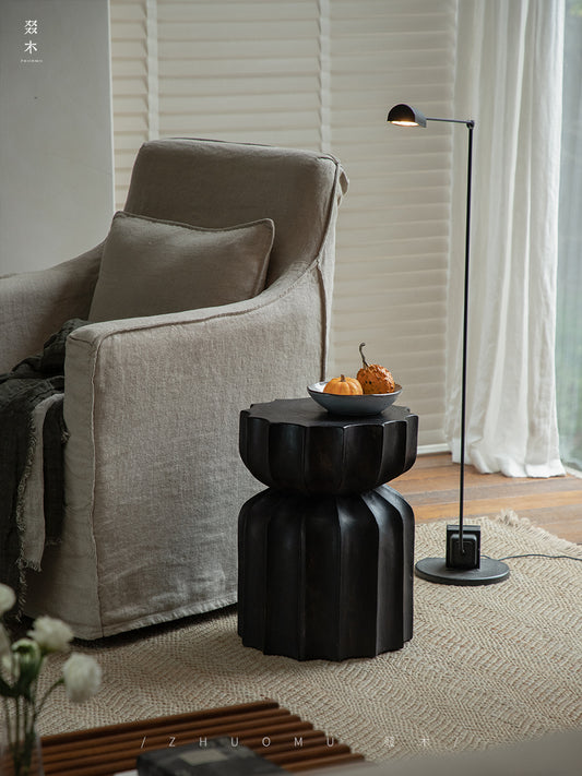 wood side table, solid wood accent table, carved wooden end table, handmade wood furniture, rustic wood nightstand, natural wood decor, modern artisan furniture, wooden pedestal table