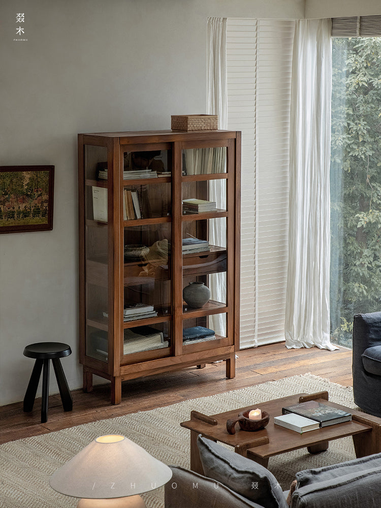teak glass cabinet, solid wood display shelf, handcrafted teak furniture, glass door cabinet, artisan teak bookcase, minimalist wood furniture, wabi-sabi cabinet, boho wood storage, japanese scandi furniture