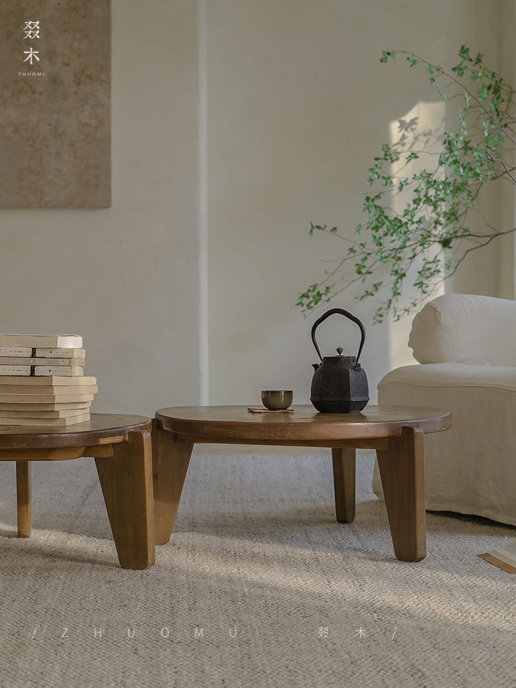 kiyo coffee table, round tea table, solid wood wabi sabi furniture, japanese minimalist furniture, zen table, handcrafted wooden table, low table, piexlculpt studio, natural oak coffee table, modern wabi sabi decor