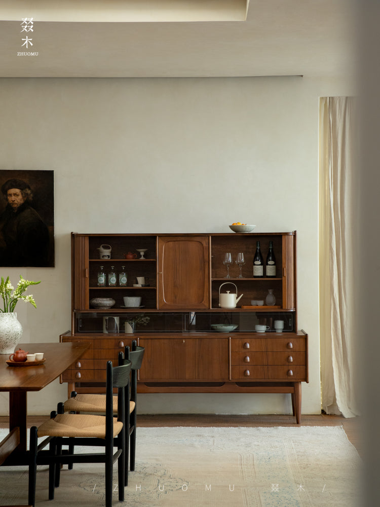 mid century teak sideboard, tambour door cabinet, solid wood credenza, handcrafted teak furniture, mcm buffet, designer teak cabinet, vintage teak sideboard, roll door wood cabinet, handmade solid wood furniture