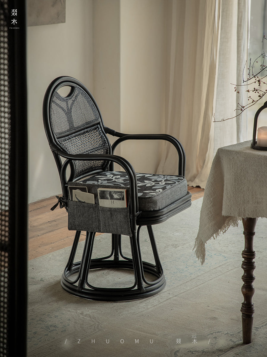 rattan swivel chair, handwoven rattan chair, rotating rattan chair, bamboo armchair, vintage rattan lounge chair, natural rattan furniture, handcrafted rattan seat, dining rattan chair, tea room chair, boho rattan furniture