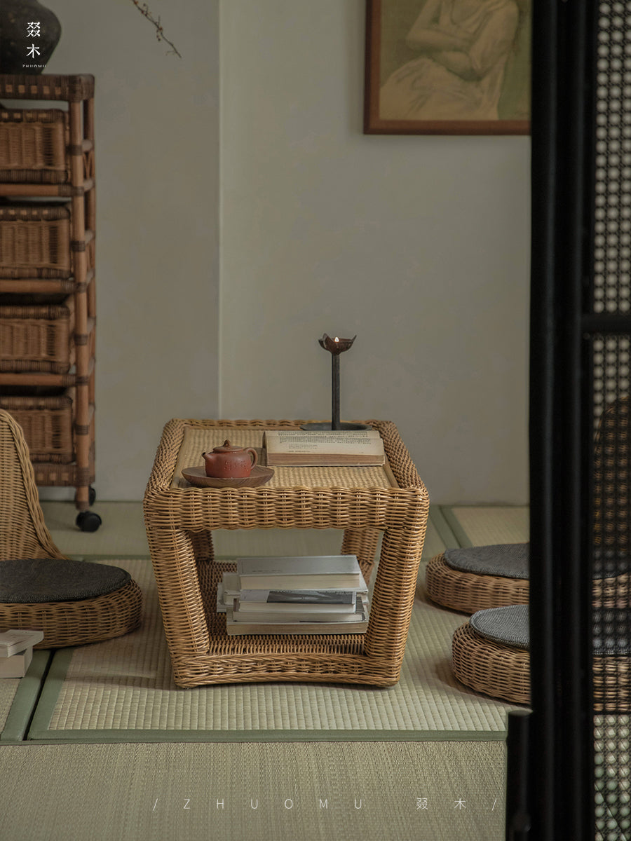 rattan coffee table, rattan tea table, handwoven rattan furniture, bamboo table, natural rattan decor, double layer coffee table, japanese wabi-sabi furniture, handcrafted rattan table, boho living room decor