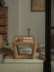 rattan coffee table, rattan tea table, handwoven rattan furniture, bamboo table, natural rattan decor, double layer coffee table, japanese wabi-sabi furniture, handcrafted rattan table, boho living room decor