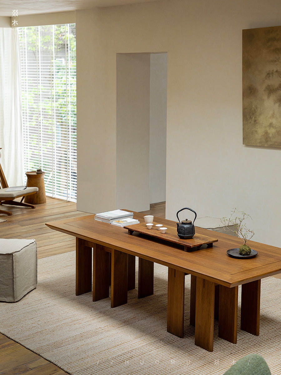 tsuba long table, solid wood conference table, japanese tea table, multi leg table, wabi sabi furniture, piexlculpt studio, handcrafted wood desk, sculptural furniture, minimalist oak table, zen design furniture