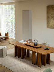 tsuba long table, solid wood conference table, japanese tea table, multi leg table, wabi sabi furniture, piexlculpt studio, handcrafted wood desk, sculptural furniture, minimalist oak table, zen design furniture