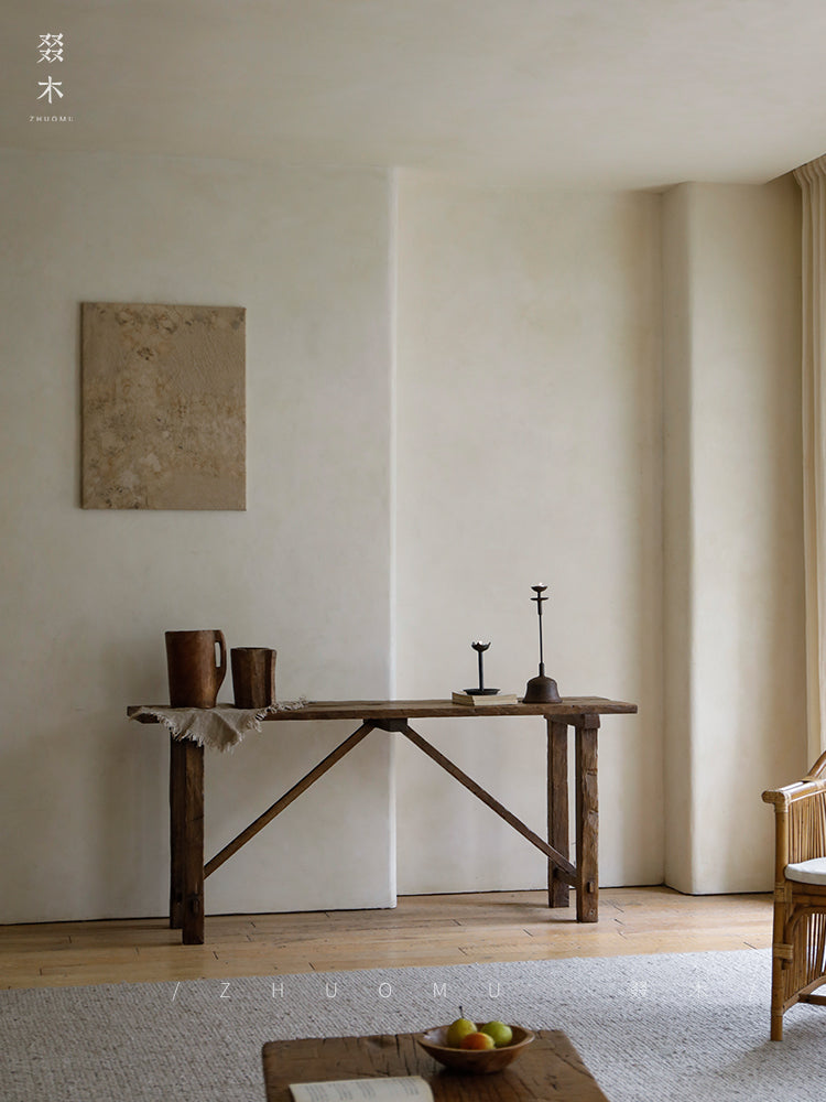 nami console table, long wood table, wabi sabi furniture, japanese minimalist furniture, solid wood entryway table, handcrafted long table, zen furniture, piexlculpt studio, rustic teak console, japanese style hallway table