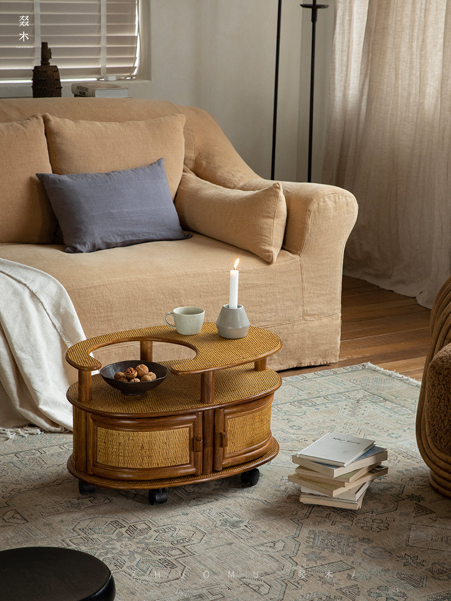 rattan tea table, rattan side table, rolling rattan cart, handwoven rattan furniture, vintage bamboo cart, natural rattan storage, bohemian furniture, artisan rattan table, living room tea cart, Japanese style rattan table