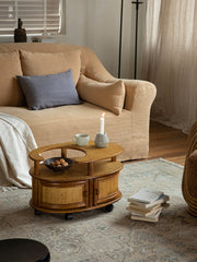 rattan tea table, rattan side table, rolling rattan cart, handwoven rattan furniture, vintage bamboo cart, natural rattan storage, bohemian furniture, artisan rattan table, living room tea cart, Japanese style rattan table