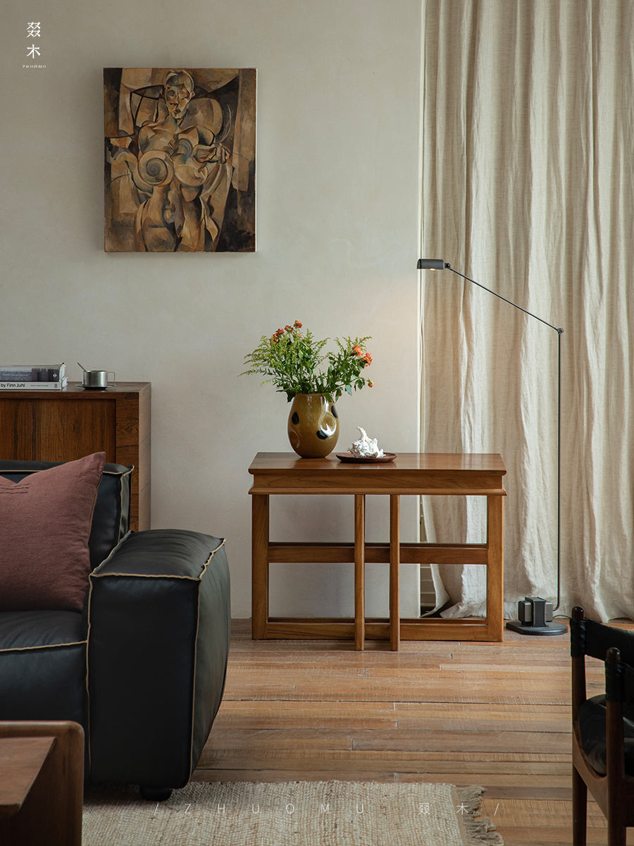 rin square table, solid teak table, wabi sabi furniture, japanese minimalist furniture, handcrafted wood accent table, piexlculpt studio, zen furniture, solid wood tea table, architectural side table, teak display table