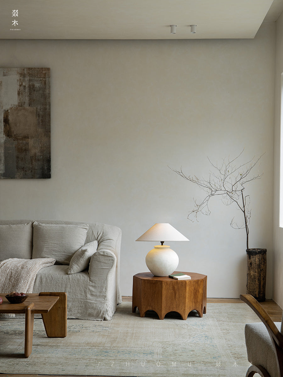 solid wood side table, handcrafted accent table, octagon round table, natural wood furniture, sculptural coffee table, wabi-sabi furniture, minimalist teak side table, artisan wooden table, japanese scandi furniture