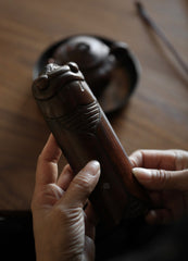 bamboo tea scoop, calligraphy tea scoop, engraved tea utensil, wooden tea accessory, handmade tea tools, gongfu tea ceremony, bamboo leaf holder, artisan tea ware, Piexlculpt Studio, wood engraving art