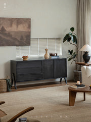 black wood furniture, carbonized sideboard, wabi sabi cabinet, handcrafted credenza, modern black buffet, carbonized teak, minimalist furniture, piexlculpt