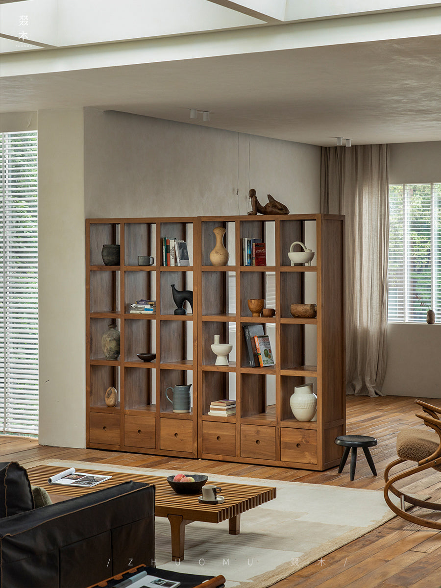 teak display cabinet, solid wood bookshelf, handcrafted teak furniture, natural wood display shelf, artisan wood cabinet, minimalist bookshelf, wabi-sabi furniture, boho wood decor, sustainable teak furniture