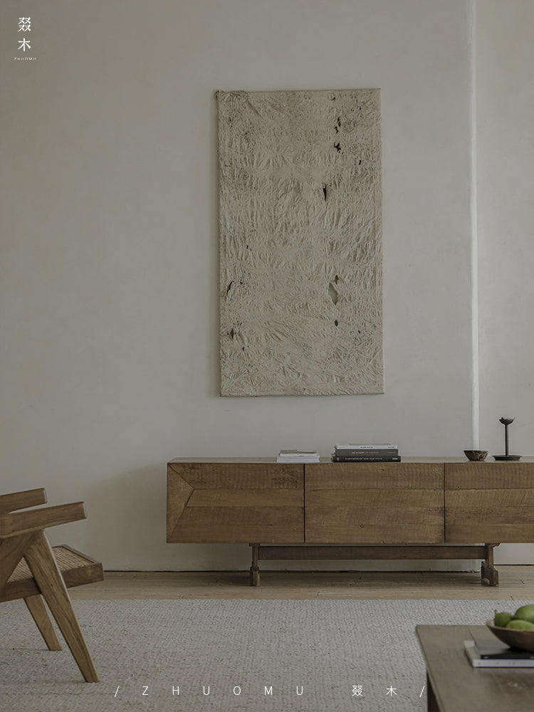 solid wood TV console, handcrafted media cabinet, minimalist TV stand, reclaimed wood furniture, artisan TV unit, japanese scandi furniture, wabi-sabi console, modern wood sideboard, low wood cabinet