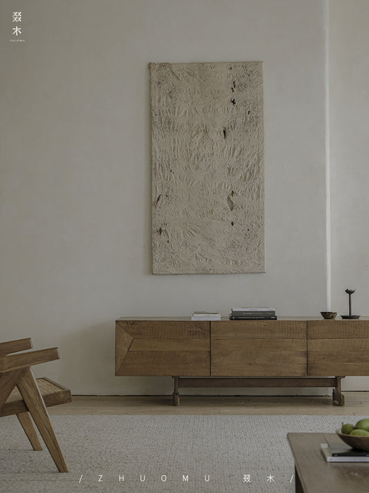 solid wood TV console, handcrafted media cabinet, minimalist TV stand, reclaimed wood furniture, artisan TV unit, japanese scandi furniture, wabi-sabi console, modern wood sideboard, low wood cabinet