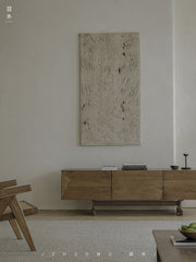 solid wood TV console, handcrafted media cabinet, minimalist TV stand, reclaimed wood furniture, artisan TV unit, japanese scandi furniture, wabi-sabi console, modern wood sideboard, low wood cabinet