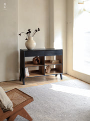 black teak furniture, carbonized sideboard, wabi sabi cabinet, minimalist furniture, carbonized teak console, handcrafted black wood sideboard, japanese zen furniture, piexl sculpt studio