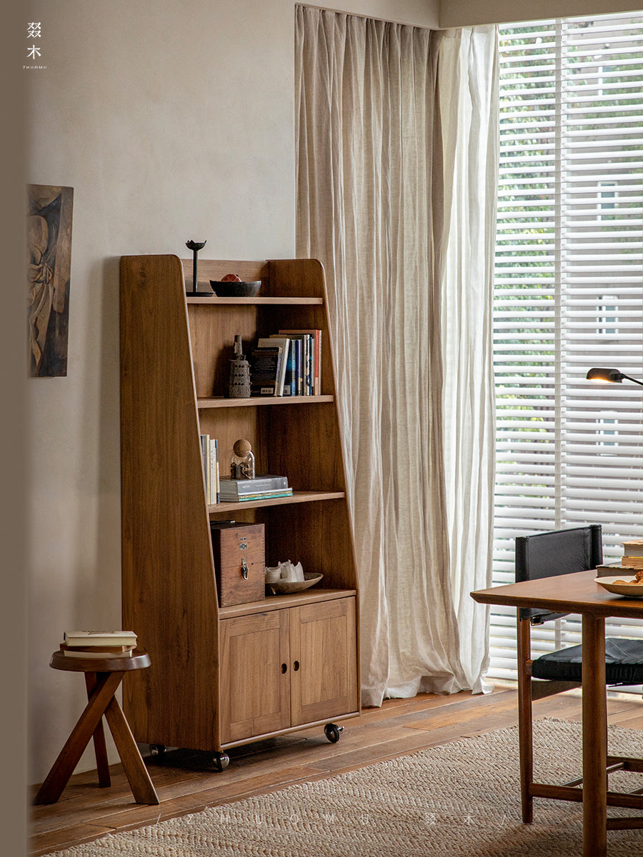 teak bookshelf, rolling cabinet, movable wood shelf, solid teak furniture, mid century furniture, teak storage cabinet, wooden bookshelf with wheels, handcrafted teak furniture, indonesian teak cabinet, piexlculpt studio