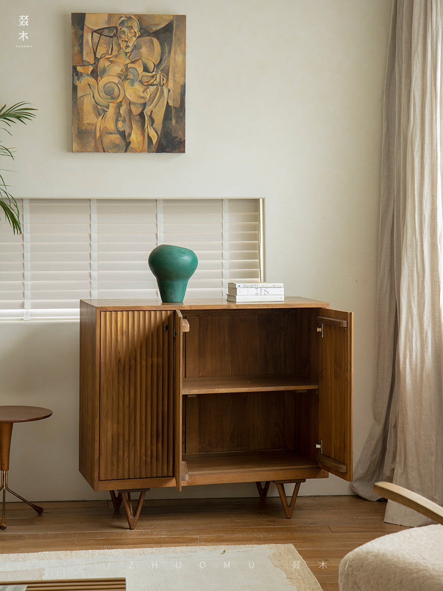 fluted wood cabinet, teak sideboard, handcrafted teak furniture, solid wood buffet, vertical groove cabinet, minimalist teak furniture, artisan wood furniture, wabi-sabi cabinet, boho teak sideboard, japanese scandi furniture