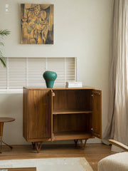 fluted wood cabinet, teak sideboard, handcrafted teak furniture, solid wood buffet, vertical groove cabinet, minimalist teak furniture, artisan wood furniture, wabi-sabi cabinet, boho teak sideboard, japanese scandi furniture