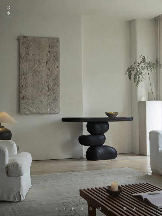 satori console table, sculptural wood table, wabi sabi furniture, zen furniture, piexlculpt studio, solid wood hallway table, organic wood design, handcrafted entry table, japanese minimalist furniture, wood sculpture furniture