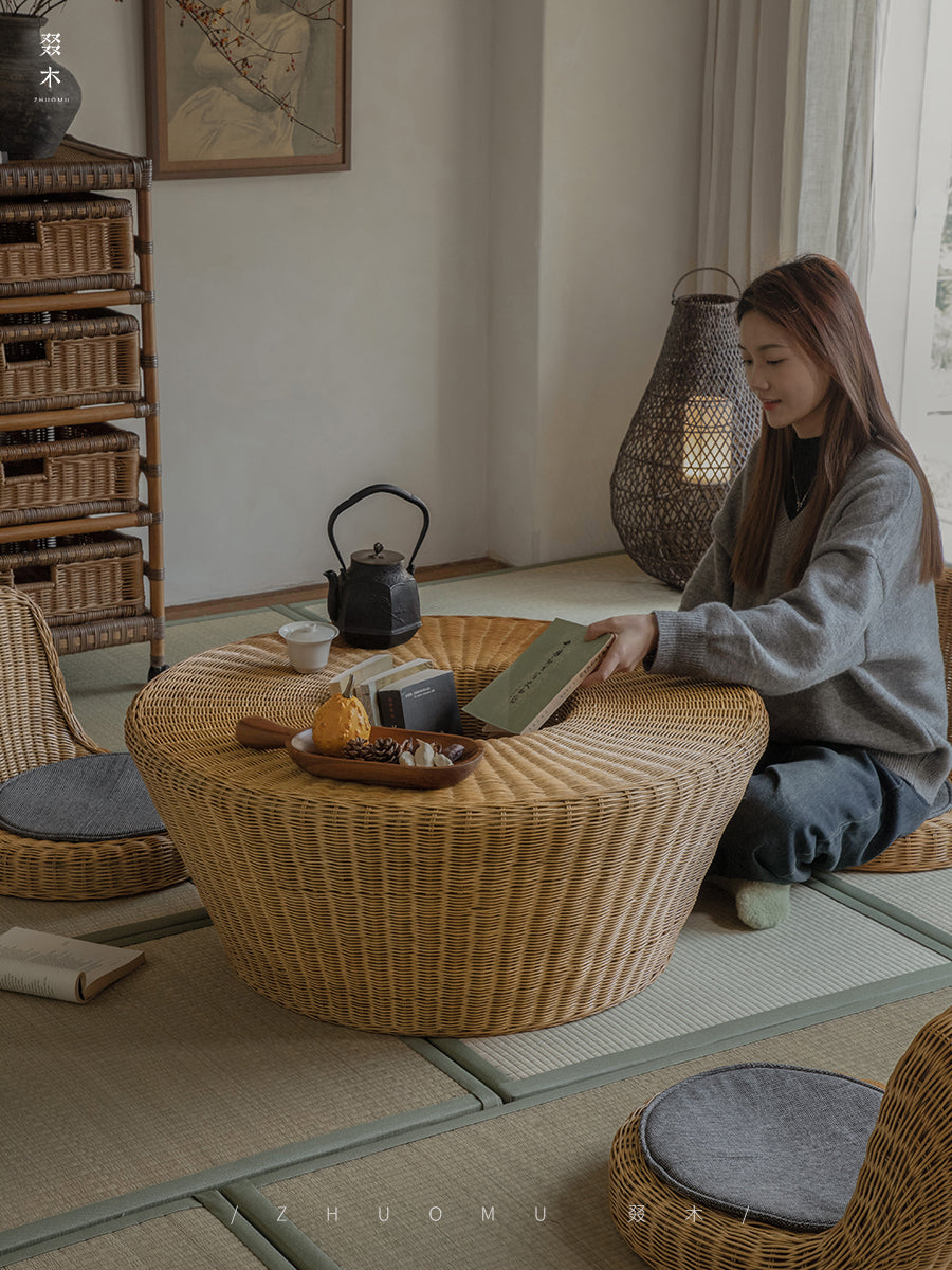 rattan tea set, rattan table and chairs, handwoven rattan furniture, round rattan table, bamboo tea table set, natural rattan decor, japanese tatami furniture, boho rattan furniture, artisan rattan set