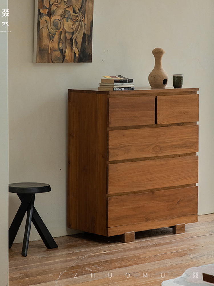 teak chest of drawers, solid wood dresser, handcrafted storage cabinet, minimalist wood furniture, artisan teak furniture, wabi-sabi furniture, handmade wooden dresser, natural teak cabinet, japanese scandi furniture
